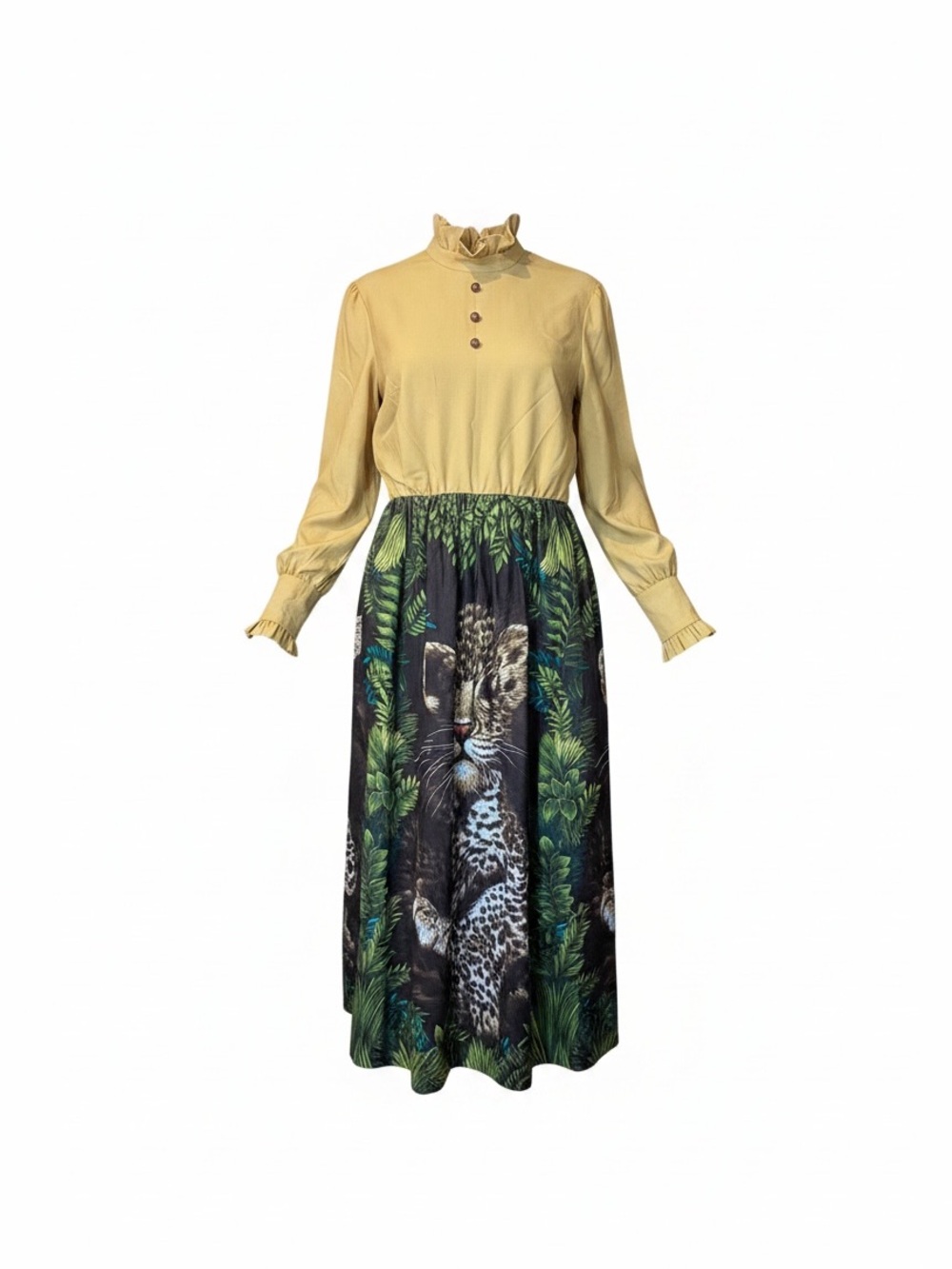 Mustard Yellow Long-Sleeve Dress with Jungle Print Skirt
